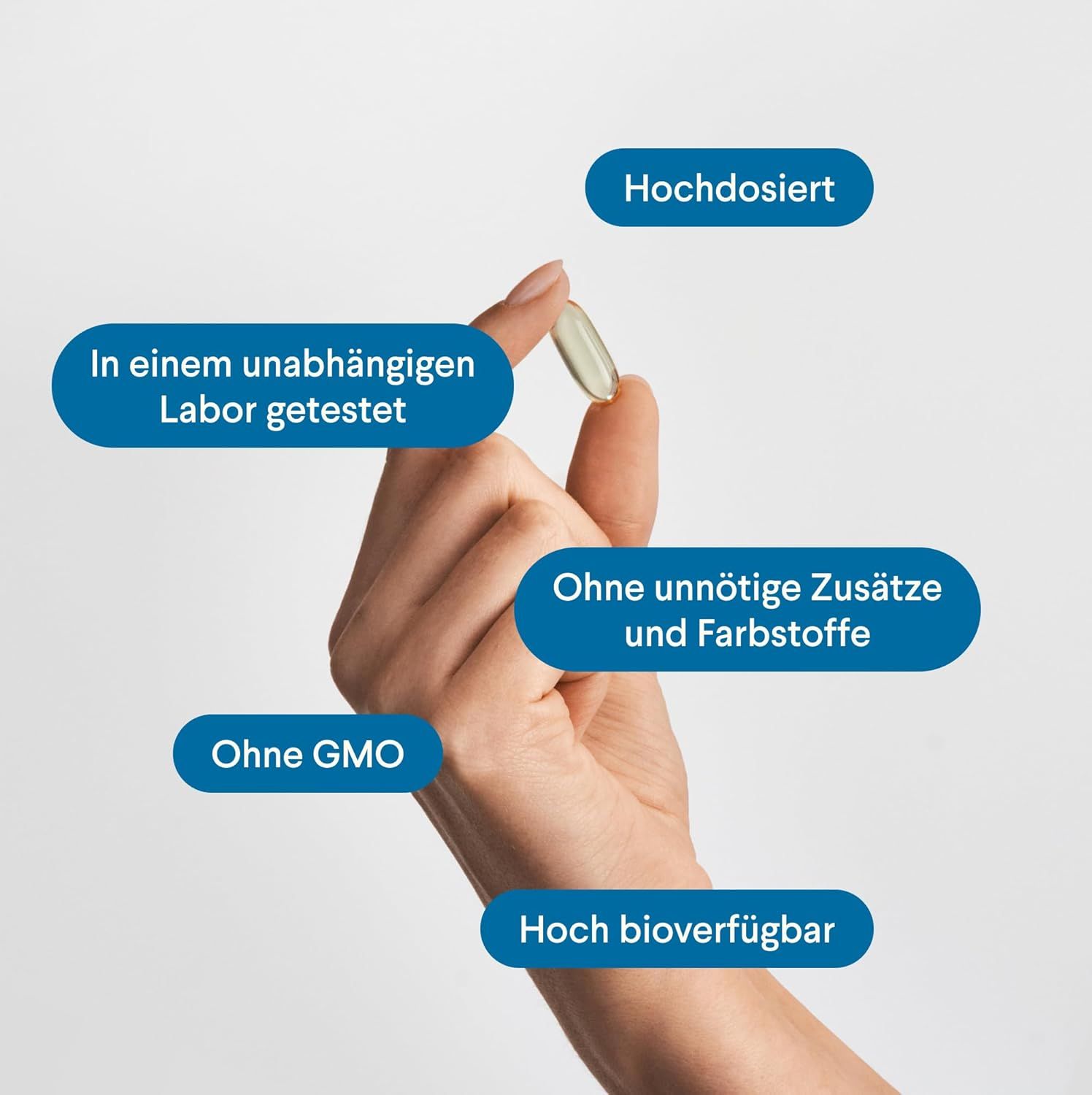 Hand hält eine gelbe Kapsel. Text: "Hochdosiert", "In einem unabhängigen Labor getestet", "Ohne unnötige Zusätze", "Ohne GMO", "Hoch bioverfügbar".