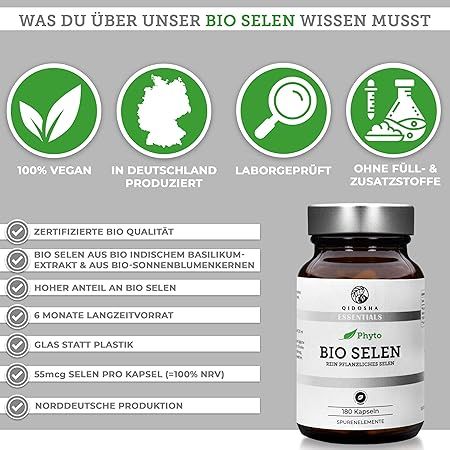 Infografik mit Logos: 100% vegan, in Deutschland produziert, laborgeprüft, ohne Zusatzstoffe. Flasche Bio Selen.