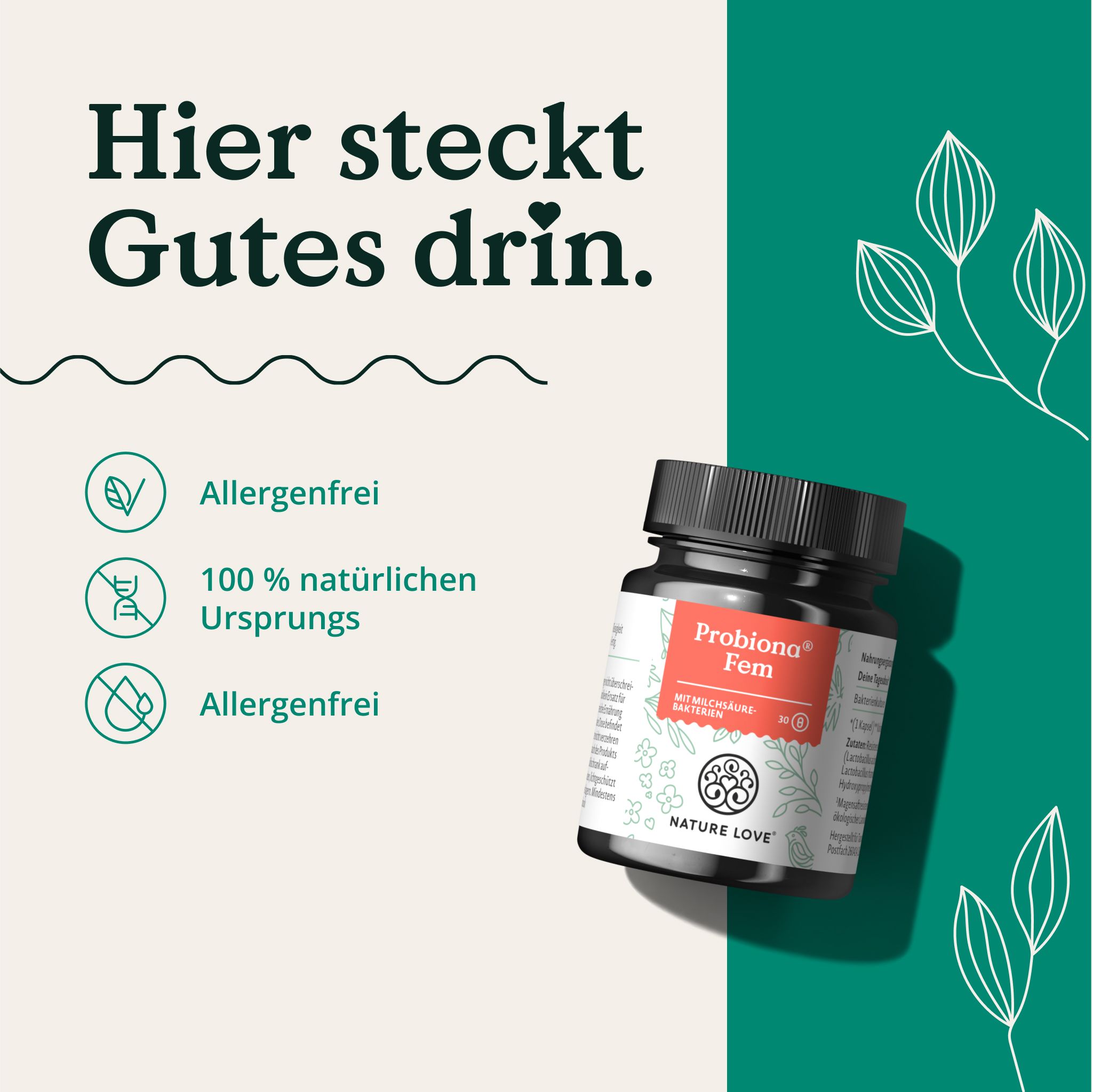 Produktflasche mit Text: Allergenfrei, 100 % natürlichen Ursprungs, Allergenfrei. Text: Hier steckt Gutes drin.
