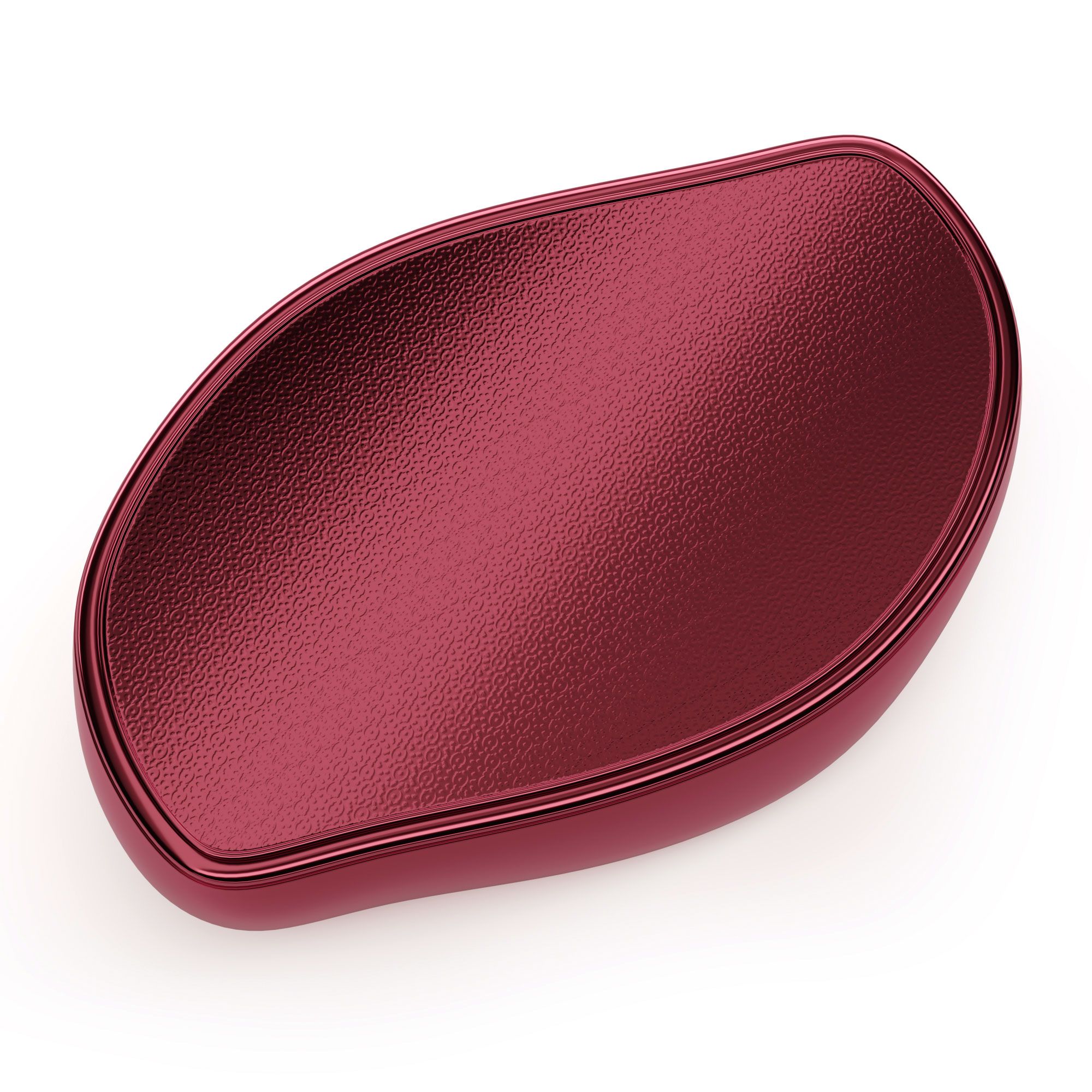 Rotes, ovales Gerät mit strukturierter Oberfläche. Glänzende, rote Umrandung.