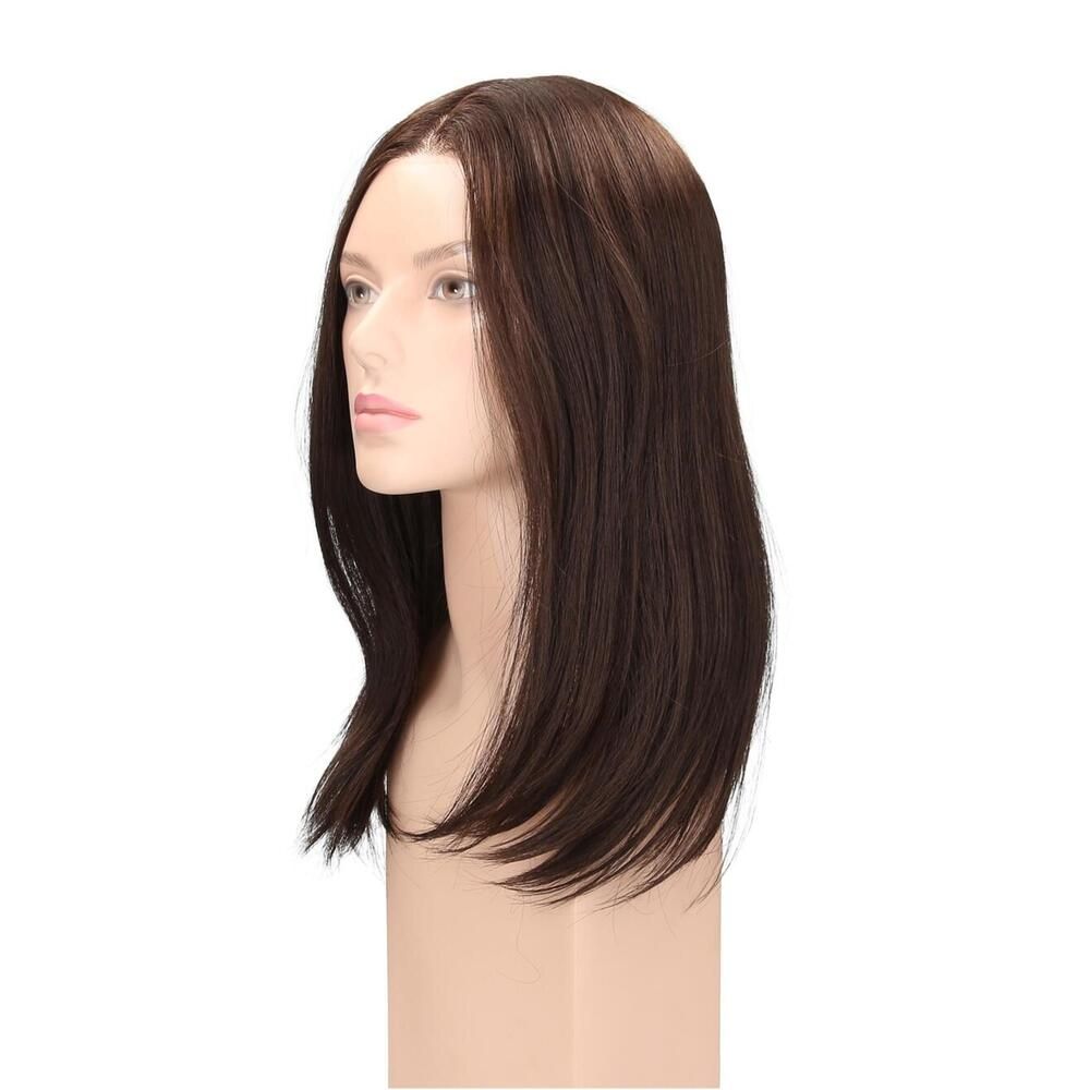 Perücke Filippa von trendhair. Dunkelbraunes Haar, schulterlang, auf einem Schaufensterkopf. Seitenansicht.