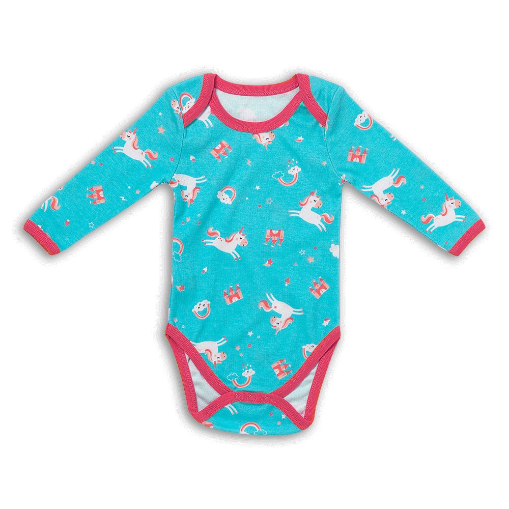 Türkisfarbener Baby-Body mit langen Ärmeln. Muster mit Einhörnern und Regenbögen. Roter Rand.