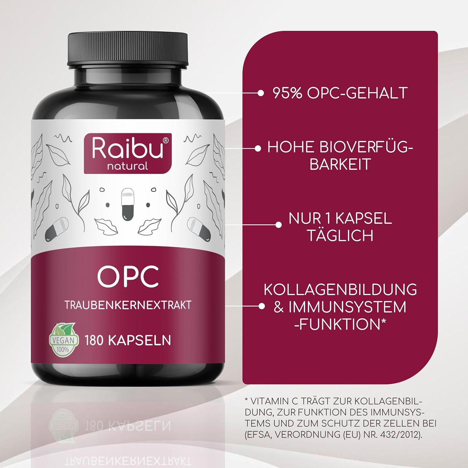 Dunkle Flasche mit Kapseln. Aufschrift: Raibu natural, OPC Traubenkernextrakt, 180 Kapseln. Vegan.