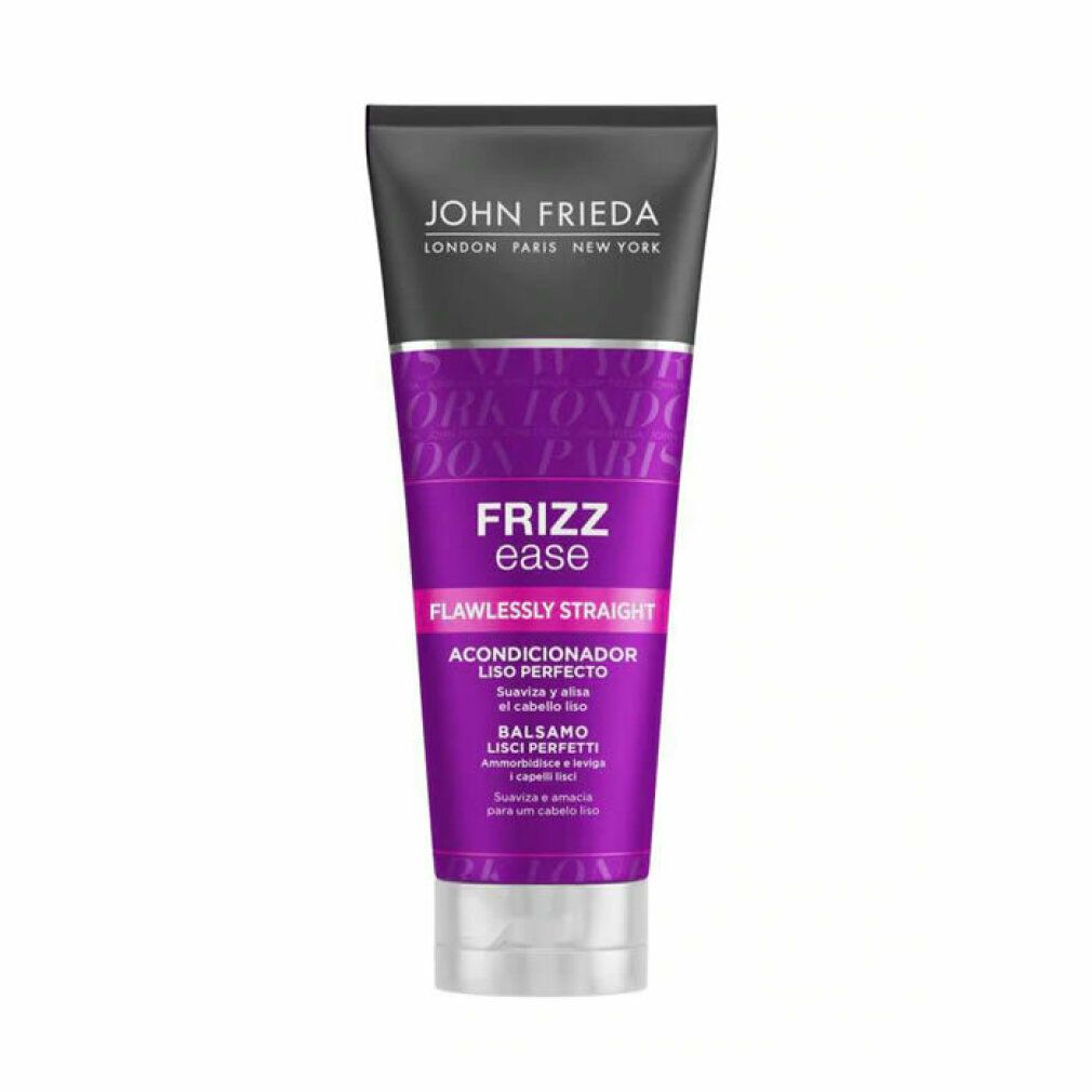 John Frieda Frizz Ease Conditioner Flawlessly Straight. Tube mit lila und rosa Etikett. Enthält Keratin und Jojobaöl.