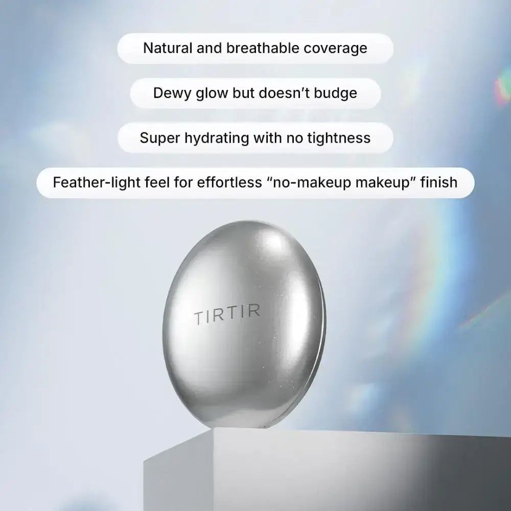 Silberfarbenes, ovales Gehäuse mit dem Wort 'TIRTIR'. Text über dem Produkt.