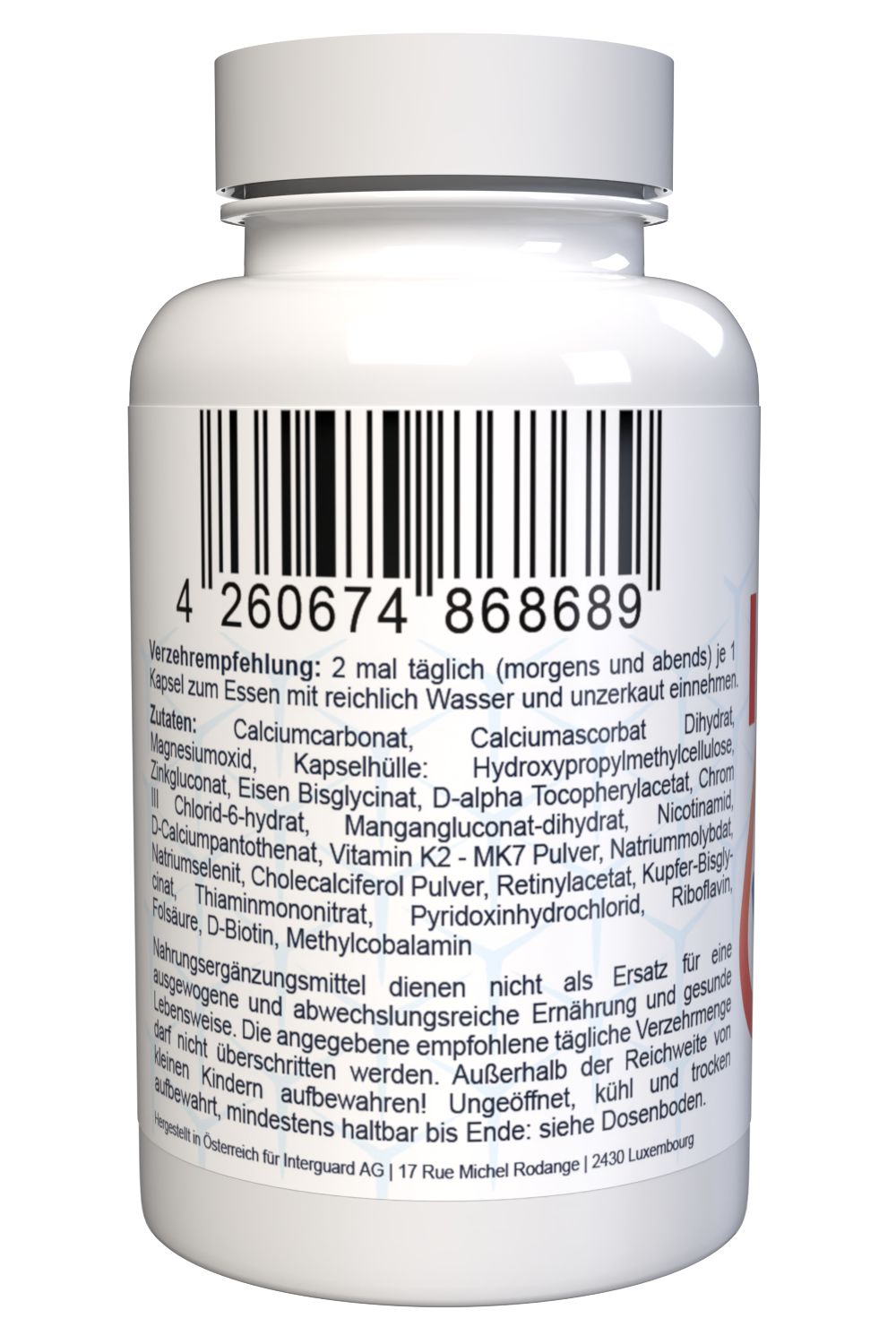 Weiße Flasche mit Barcode und Text. Enthält Kapseln. Rückseite mit Zutatenliste und Verzehrempfehlung.