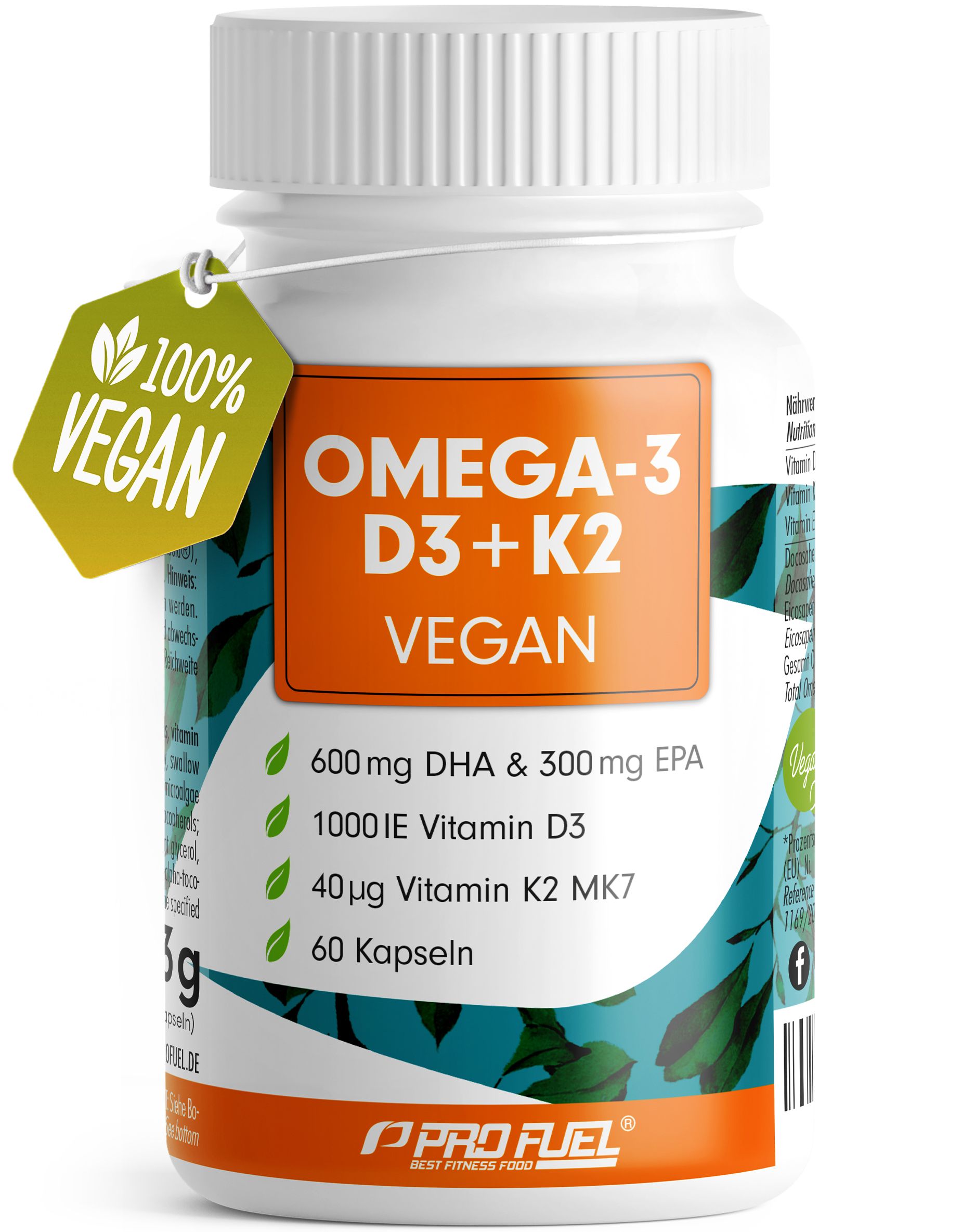 ProFuel Omega-3 D3+K2 vegane Kapseln: 600mg DHA, 300mg EPA, 1000IE Vitamin D3, 40µg K2 MK7. 100% Vegan Siegel.