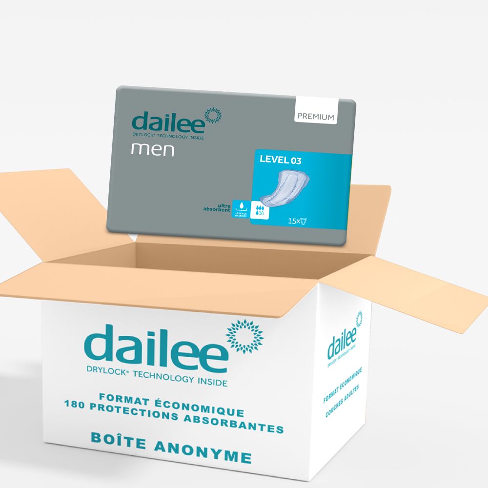 Boîte avec paquet Dailee Men Level 3. Inscription : Dailee, Men, Level 03, 15x7.