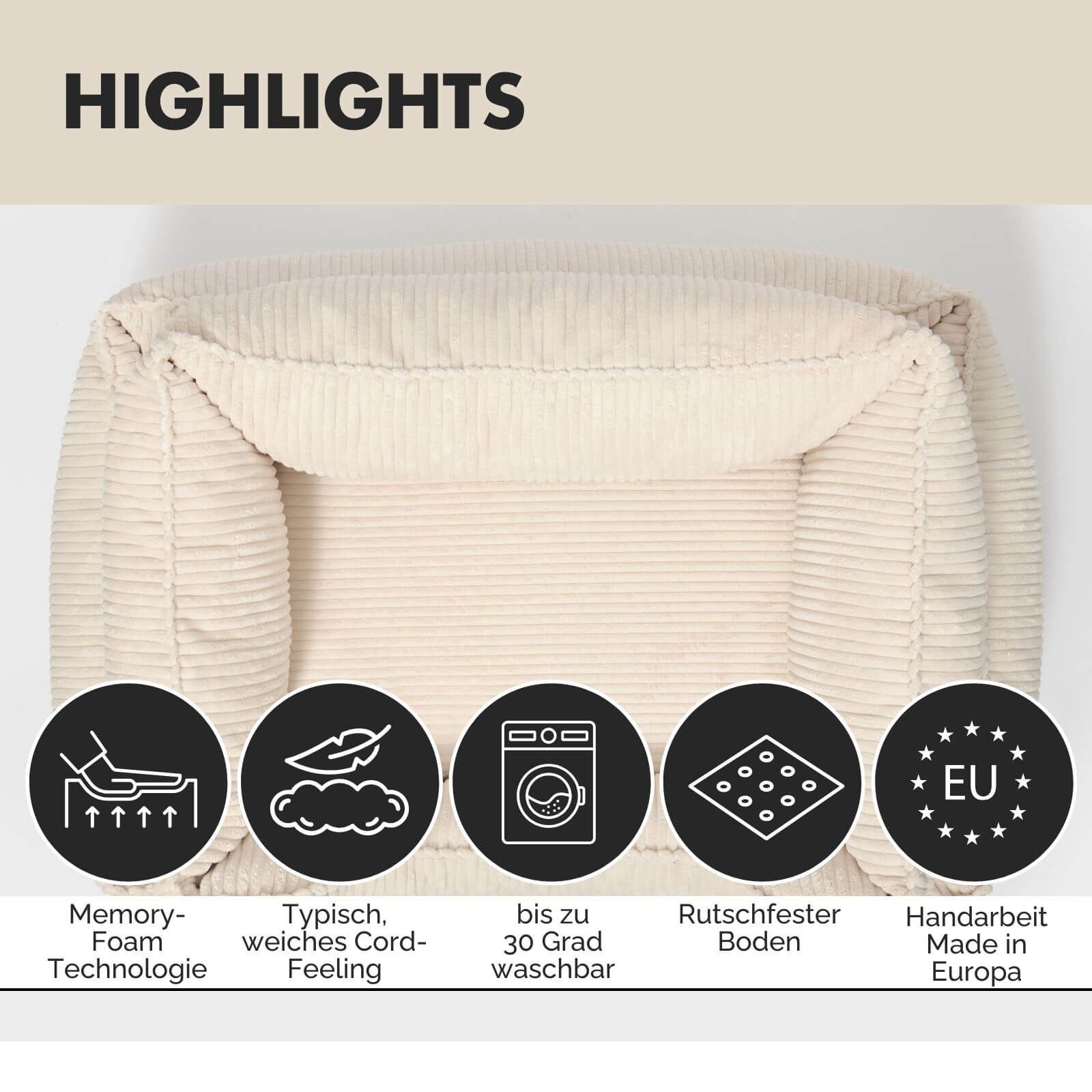 Beiges Hundebett mit Kordstruktur. Text: Highlights. Symbole: Memory-Foam, waschbar, rutschfester Boden.