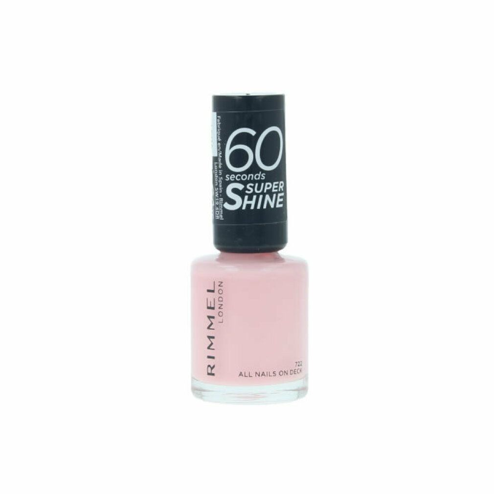 Nagellackflasche mit rosa Inhalt. Schwarzer Deckel mit weißer Aufschrift: 60 seconds Super Shine. Aufschrift: Rimmel London.