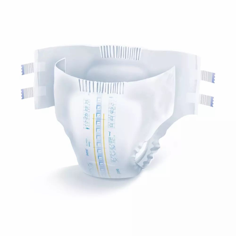 Offener Super Seni Windelslip. Weiß mit blauen und gelben Details. Klettverschlüsse an den Seiten.
