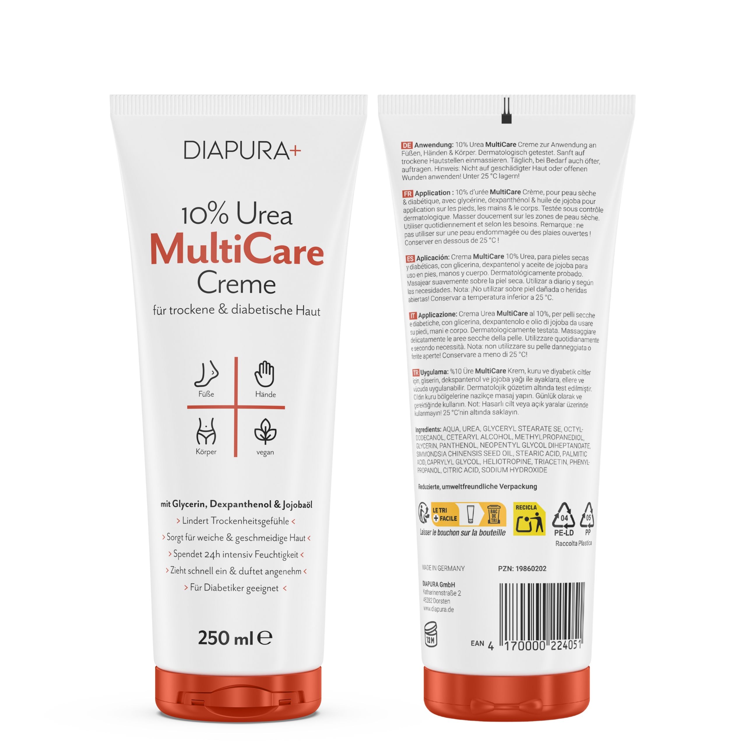 Creme-Tube mit rotem Deckel, Vorder- und Rückseite. Aufschrift: 10% Urea MultiCare Creme. Text und Symbole. Rückseite: Anwendungshinweise.