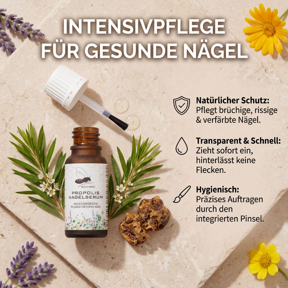 Propolis Nagelserum Flasche mit Pinsel, Kräuter und Text.