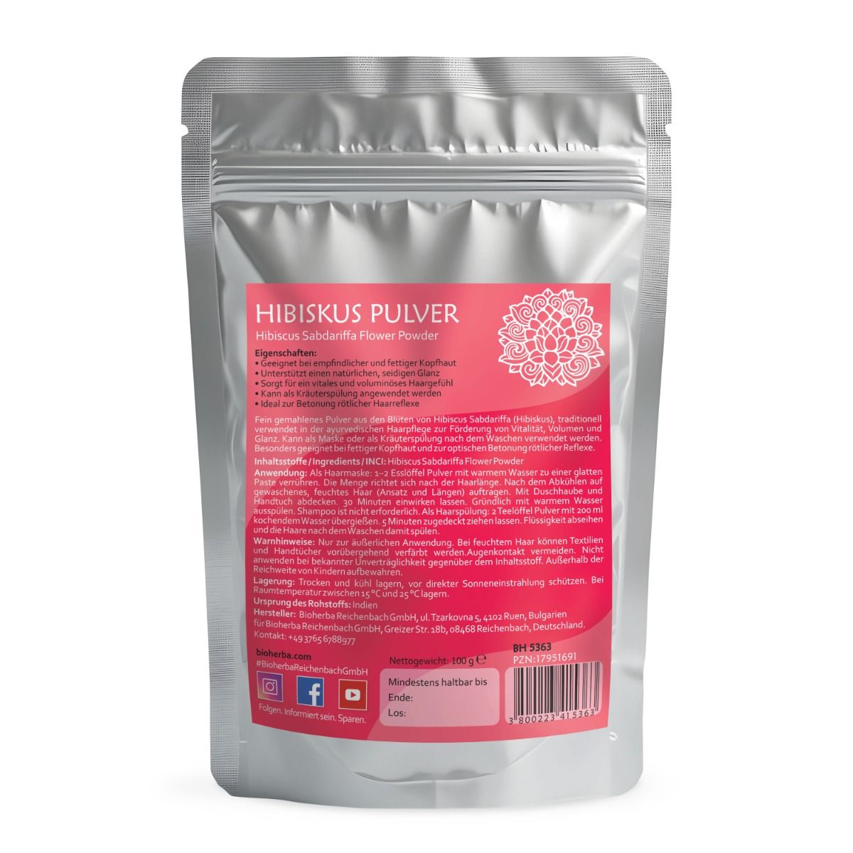Rückseite der silberfarbenen Beutelverpackung. Rotes Etikett mit Text: Hibiskus Pulver, Eigenschaften, Inhaltsstoffe, Anwendung, Warnhinweise, Lagerung.