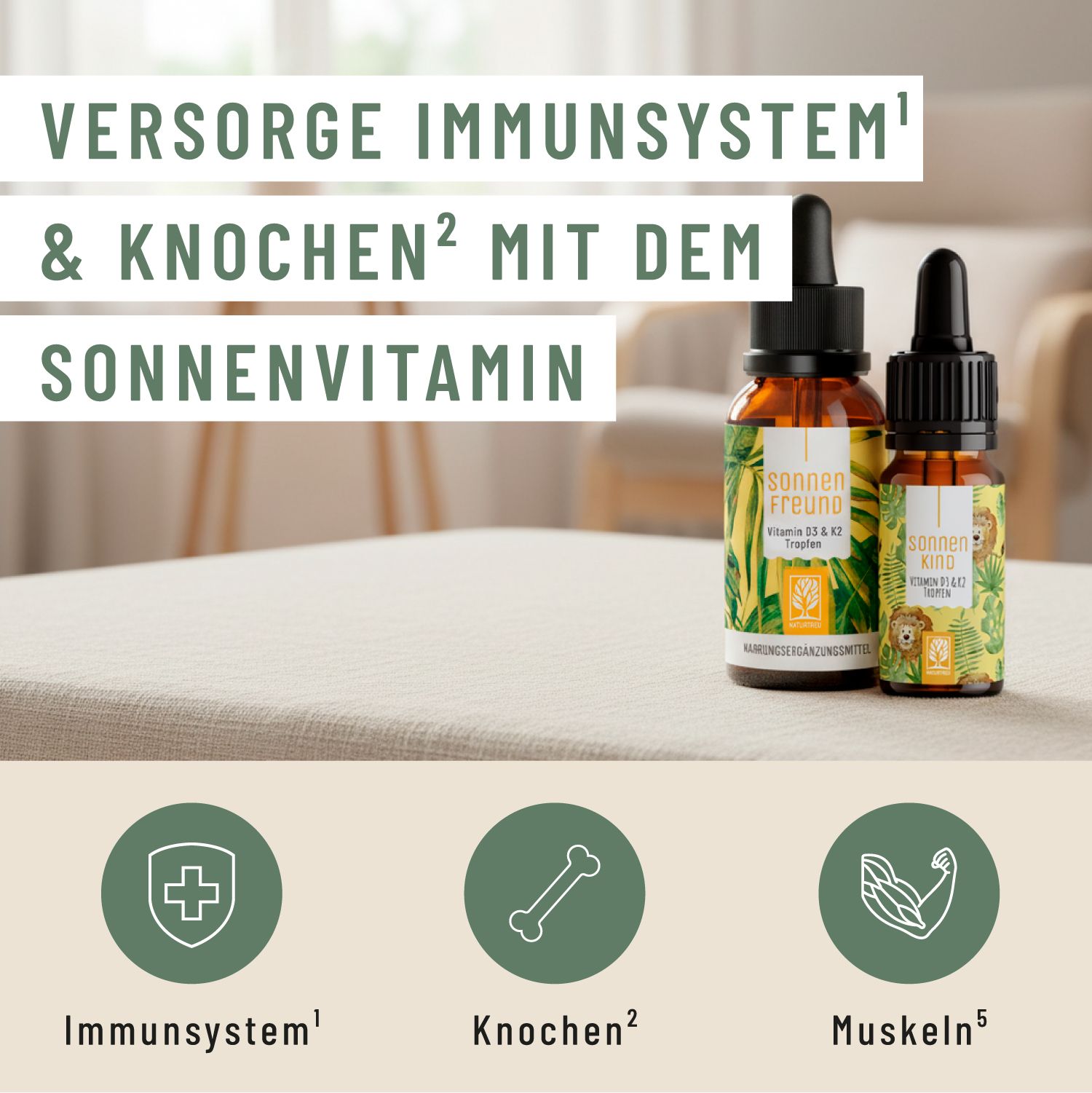 Zwei Flaschen Vitamin D3 & K2 Tropfen auf einem Tisch, mit Icons für Immunsystem und Knochen.