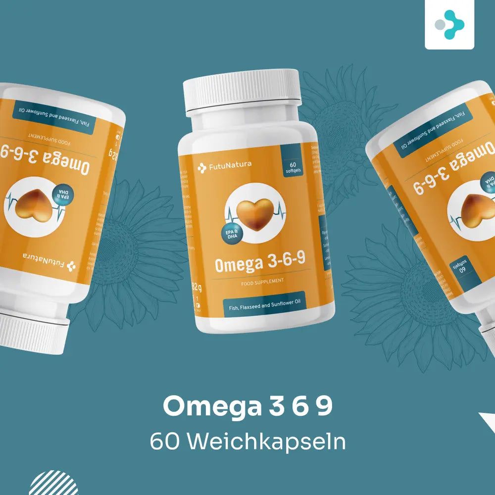Drei Flaschen FutuNatura Omega 3-6-9, 60 Weichkapseln pro Flasche. Sonnenblumen-Hintergrund.