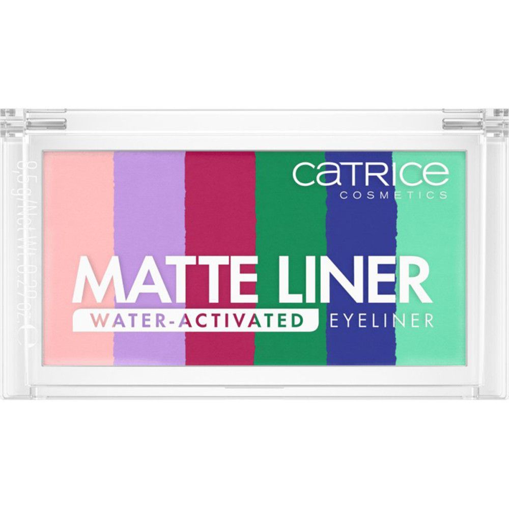 Eyeliner-Palette mit sechs Farben. Marke Catrice. Text: Matte Liner, Water-Activated Eyeliner.