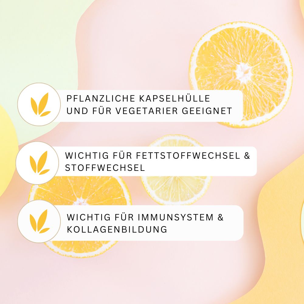 Zitronen- und Orangenscheiben. Text: Pflanzliche Kapselhülle, wichtig für Fettstoffwechsel, Immunsystem.