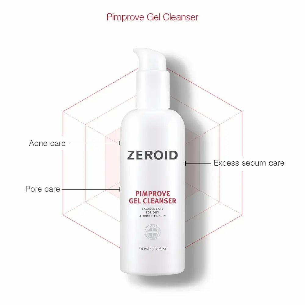 Weißer ZEROID Pimprove Gel Cleanser. Flasche mit Pumpverschluss. Text: Pimprove Gel Cleanser, Balance Care for Oily & Troubled Skin.
