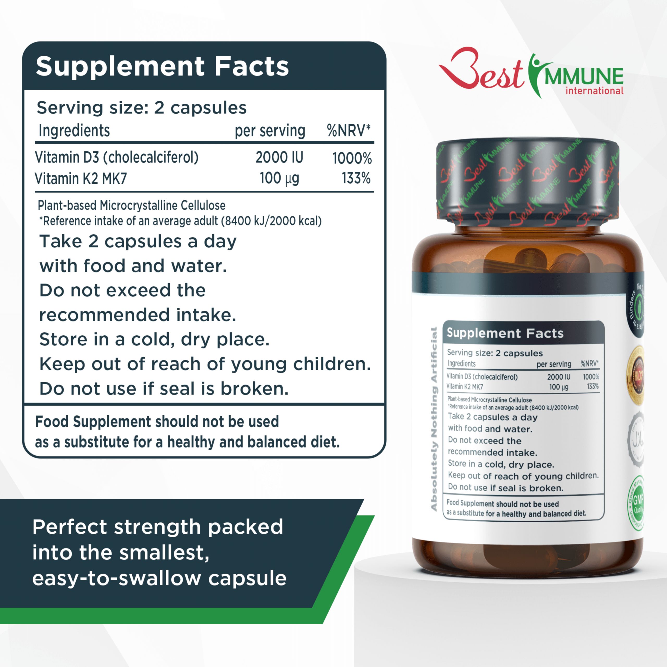 Best Immune Vitamin K2 MK7 100 mcg D3 (Cholecalciferol) 2000 IE