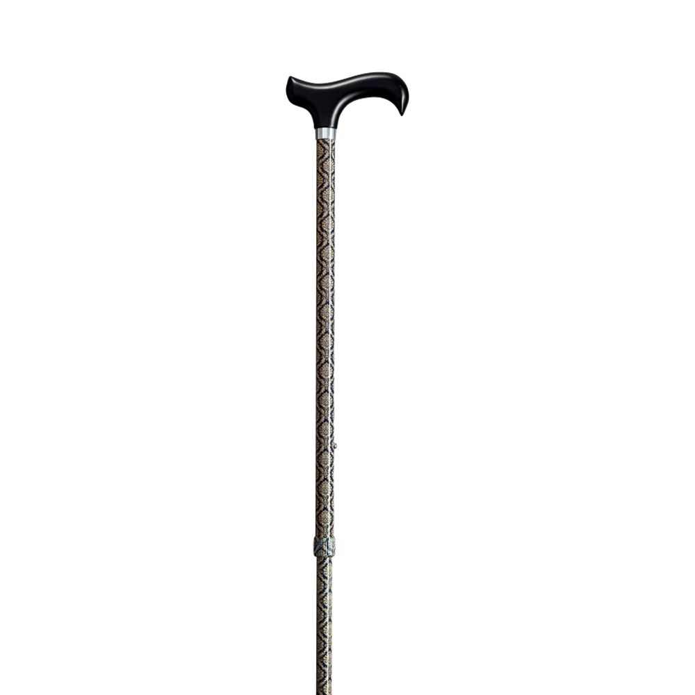 Gehstock mit schwarzem Derbygriff und gemustertem Schaft. Der Stock ist höhenverstellbar.