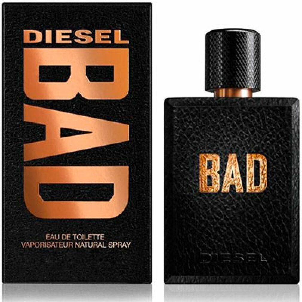 Schwarzer Flakon und Verpackung von Diesel Bad Eau de Toilette. Goldfarbener Schriftzug "BAD". Schwarzer Deckel.