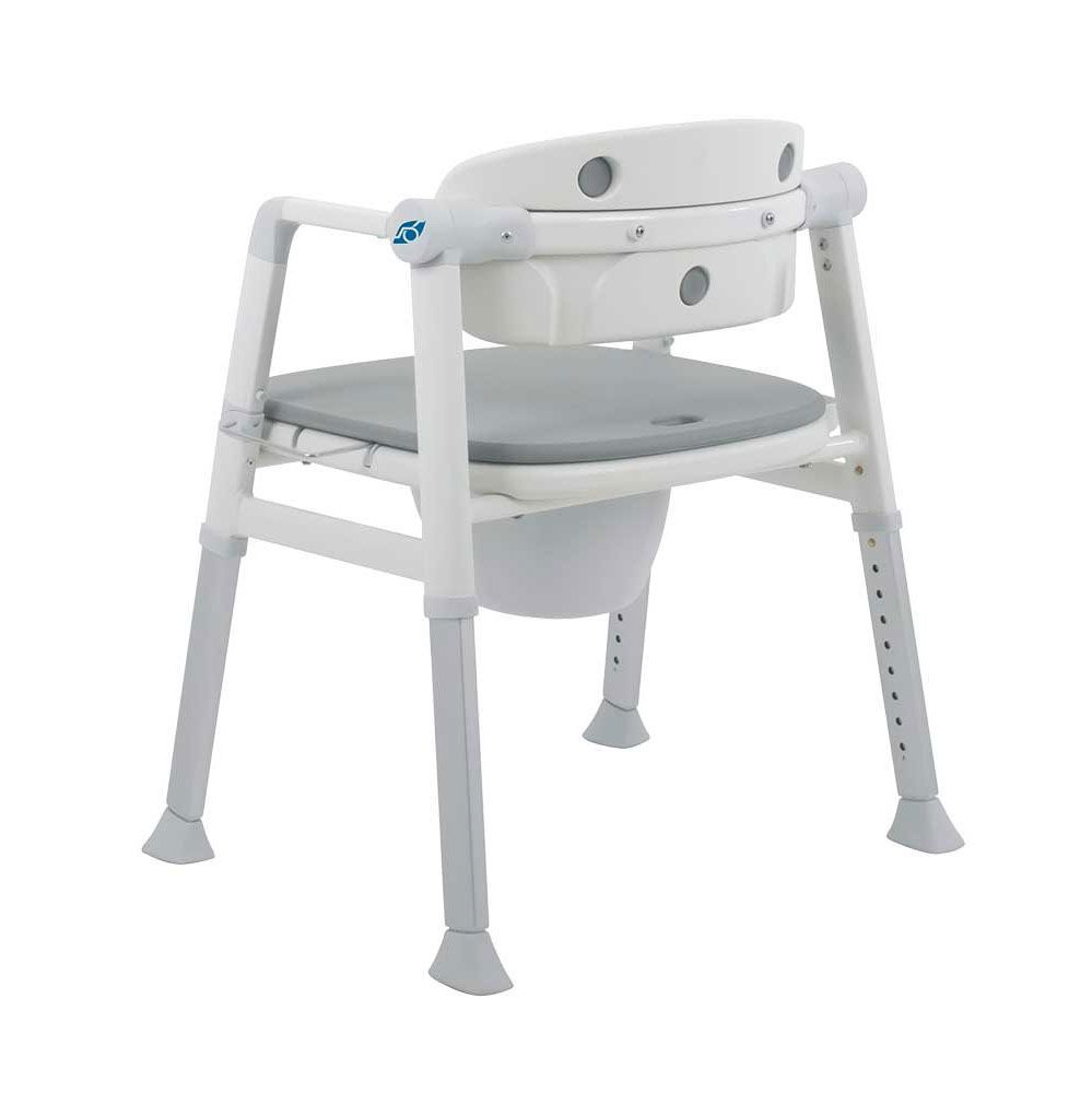 Toilettenstuhl mit weißem Rahmen, grauem Sitz und Rückenlehne. Höhenverstellbare Beine. Eimer unter dem Sitz.