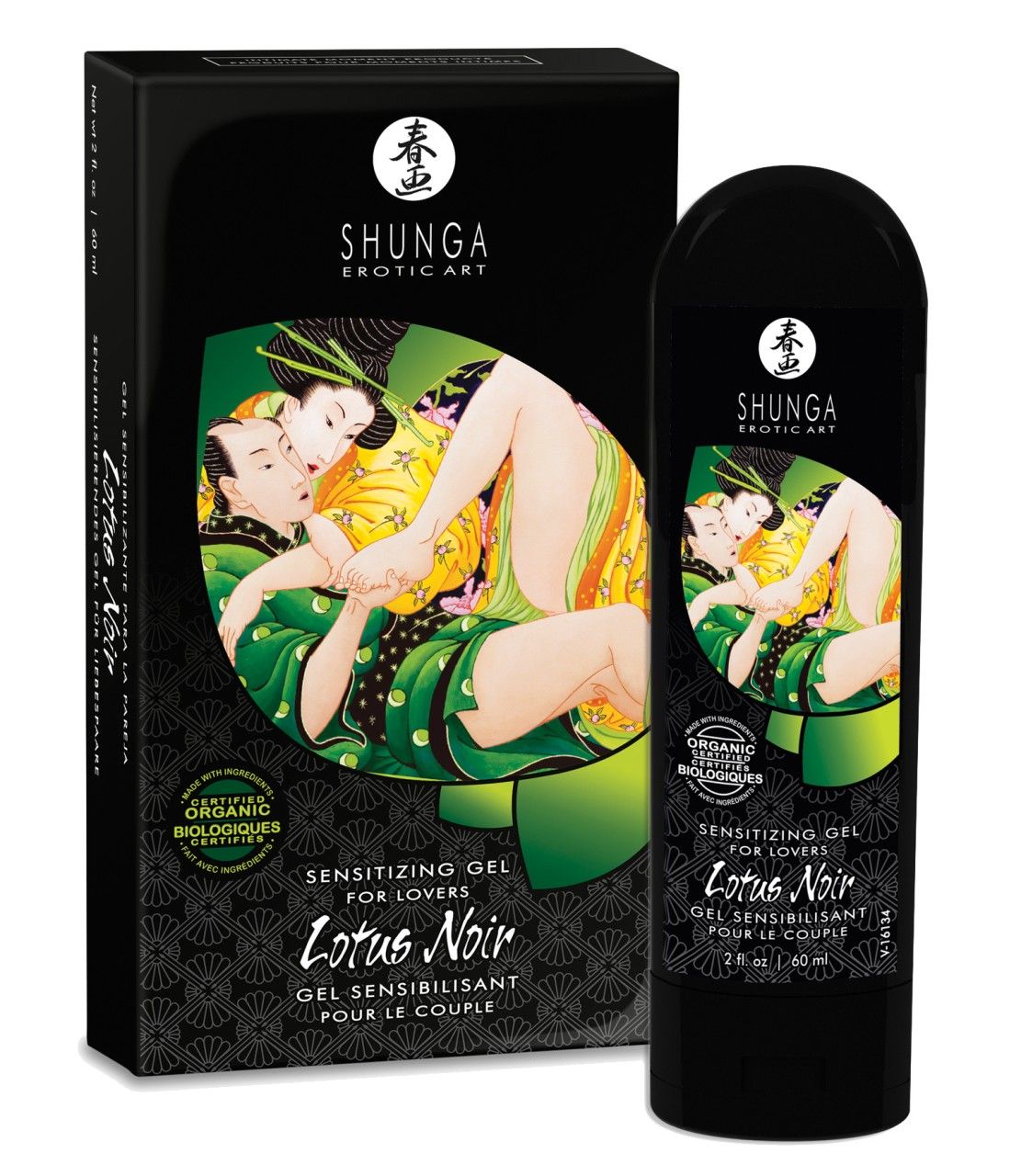 Schwarze Flasche und Schachtel mit Produktabbildung. Aufschrift: Shunga, Lotus Noir, Sensitizing Gel. Mit Bio-Zertifizierung.