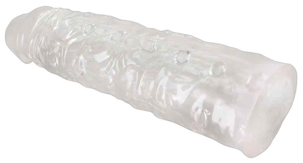 Transparente Penishülle mit Noppen. Geformt für die Penisverlängerung. Oberflächenstruktur mit kleinen Erhebungen.