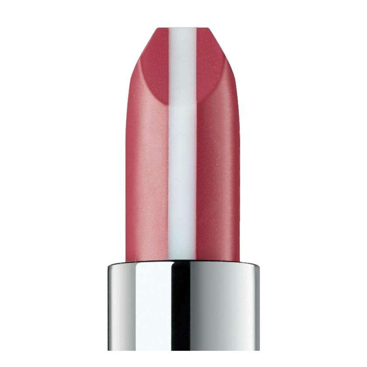 Nahaufnahme eines Lippenstifts. Rosa und weiß gestreifte Spitze. Silberfarbener Metallkörper.