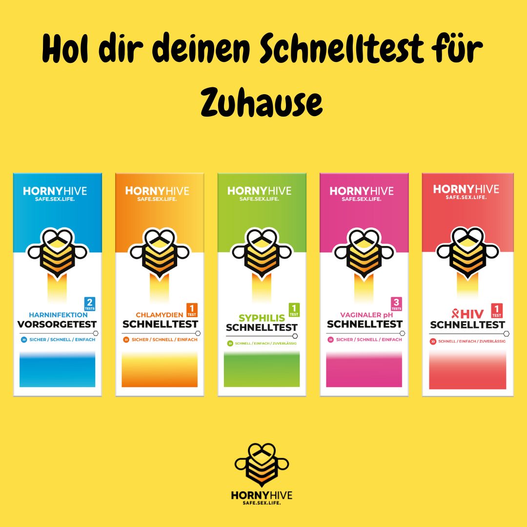 Fünf Testverpackungen nebeneinander. Logo mit Biene. Texte: Harninfektion, Chlamydien, Syphilis, Vaginaler pH, &HIV.