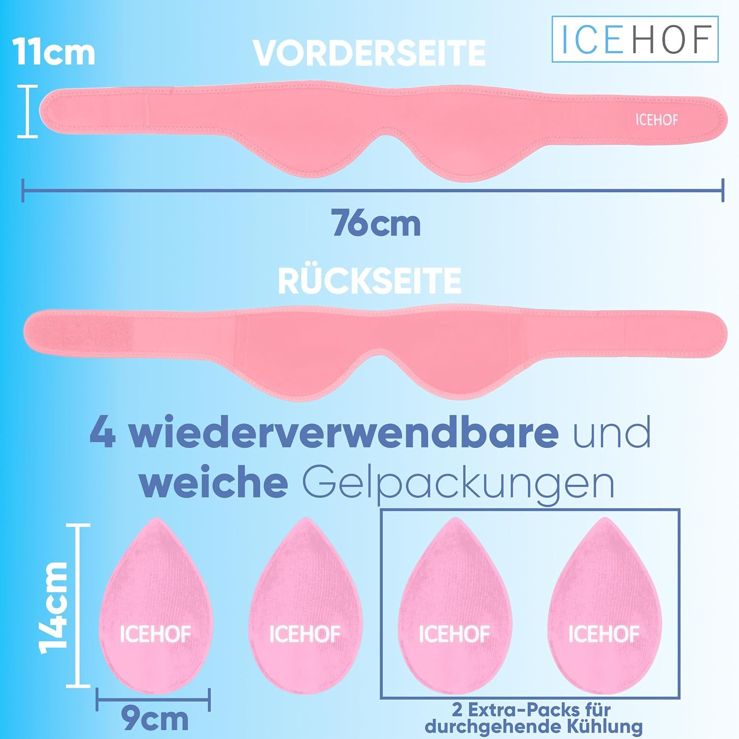 ICEHOF Kühlpads: 4 Stück, 9x14cm. Bandage 76cm lang, 11cm breit. Wiederverwendbar.