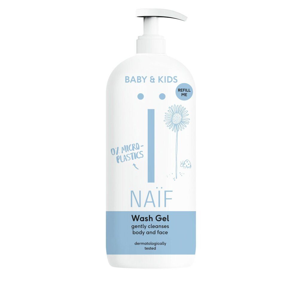 Weiße Flasche mit Pumpe. Aufschrift: NAÏF Wash Gel, dermatologisch getestet. Baby & Kids. Hellblauer Streifen.