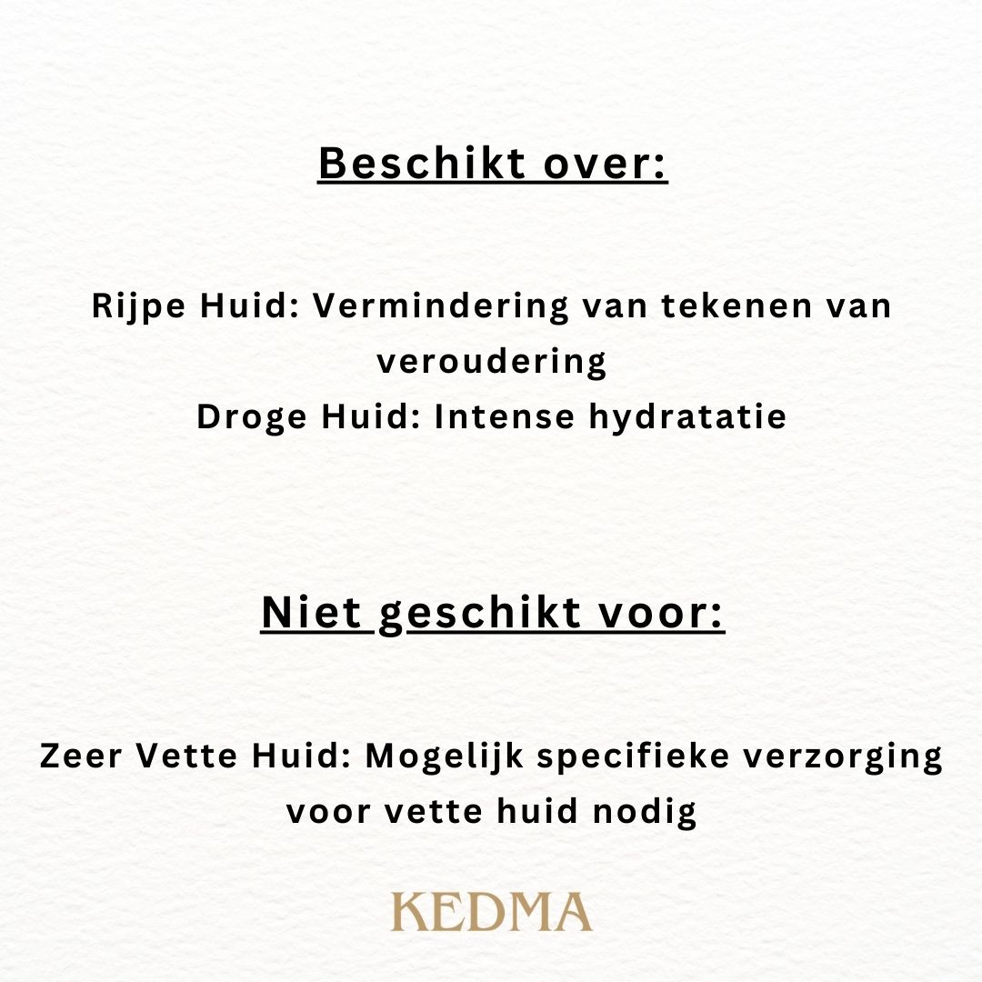 Tekst op crèmekleurige achtergrond: Beschikt over: Rijpe huid, droge huid. Niet geschikt voor: Zeer Vette Huid. KEDMA.