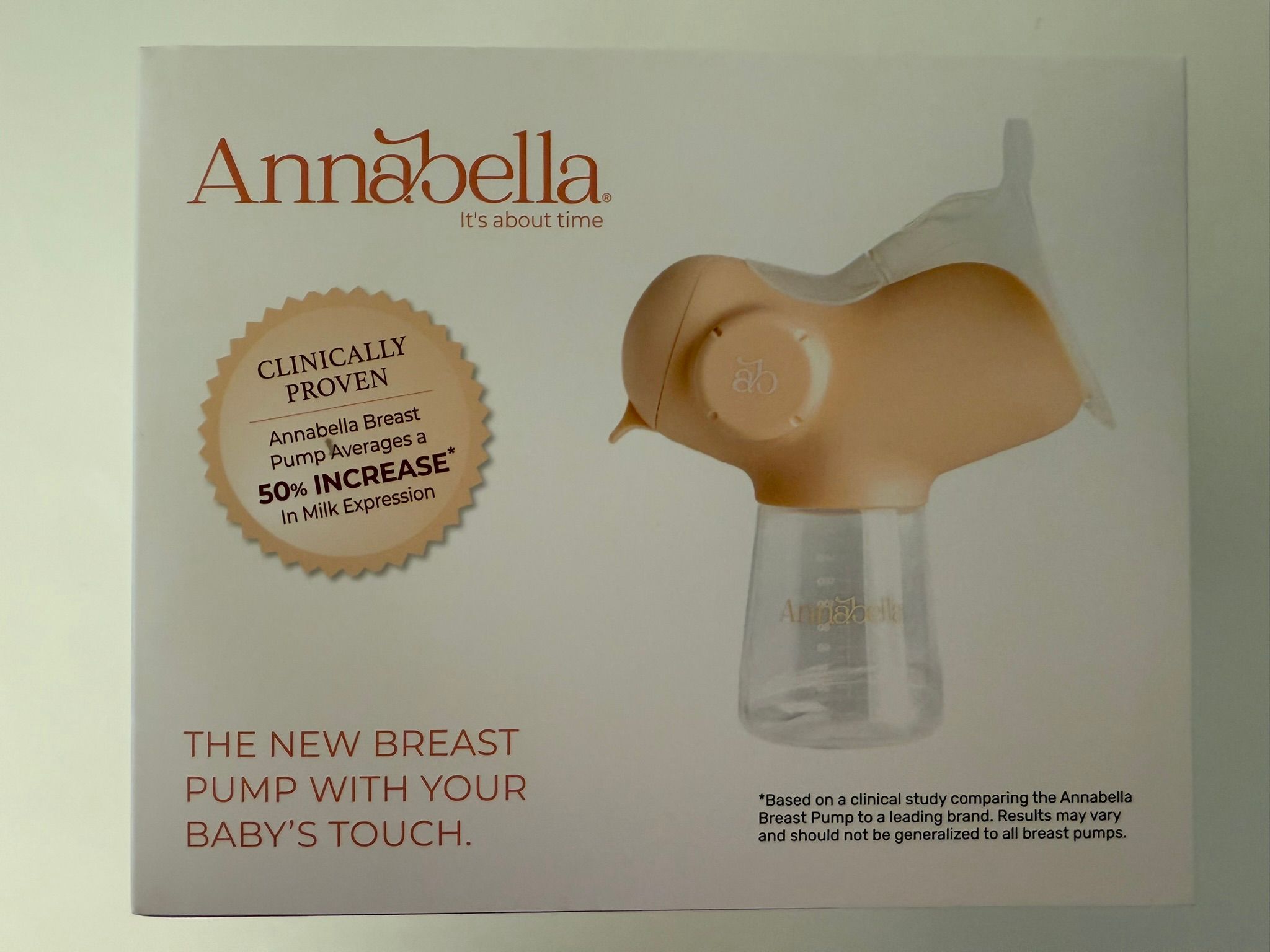Verpackung. Text: THE NEW BREAST PUMP WITH YOUR BABY'S TOUCH. Logo: Clinically Proven. Abbildung der Pumpe.