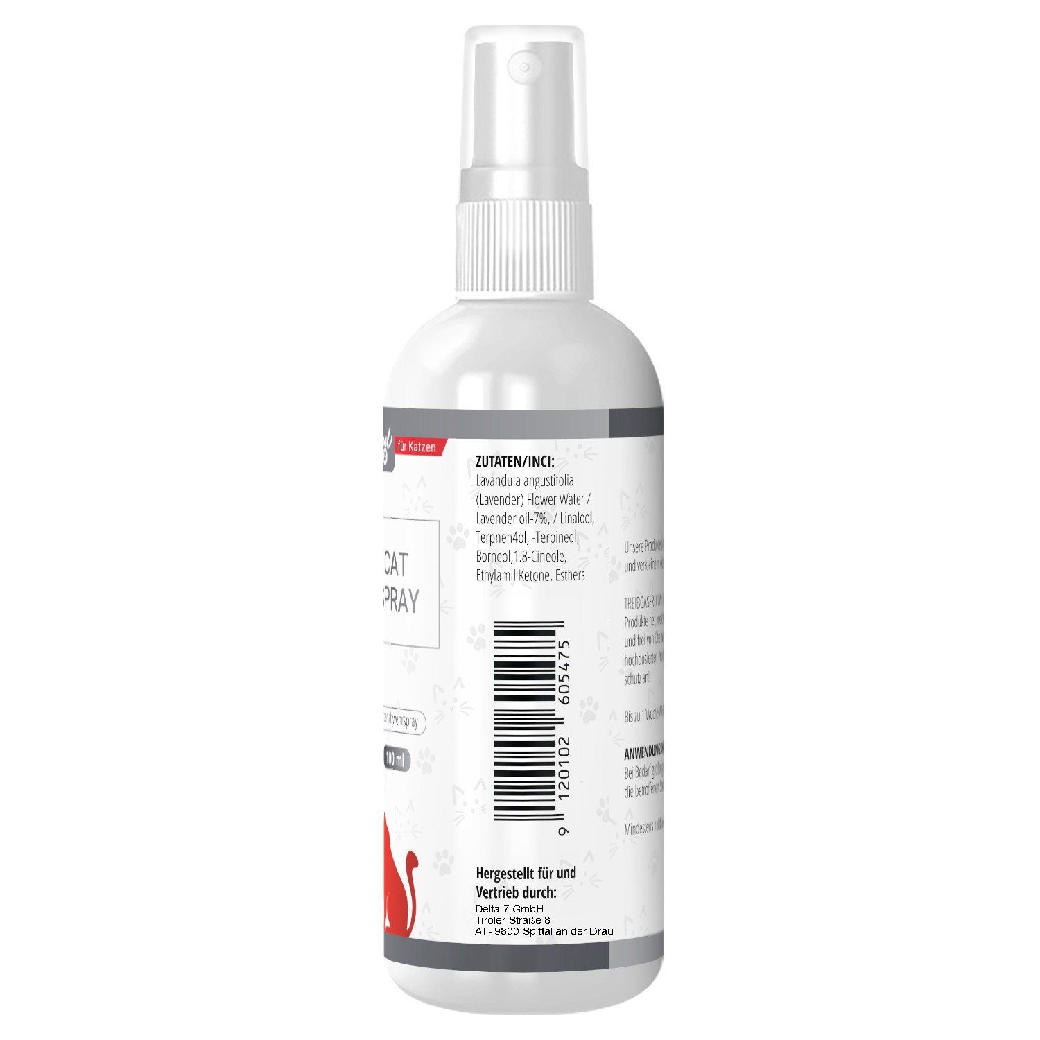 Rückseite der weißen Sprühflasche. Text und Barcode. "CAT SPRAY"-Aufdruck. Roter Katzen-Umriss. "Animal Pro"-Logo.
