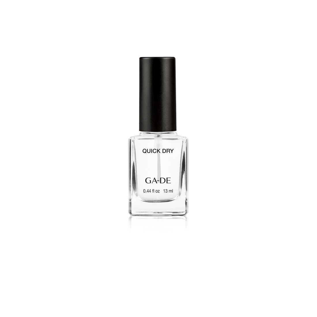 Klare Nagellackflasche mit schwarzem Deckel. Aufschrift: Quick Dry, GA-DE, 0.44 fl oz, 13 ml.
