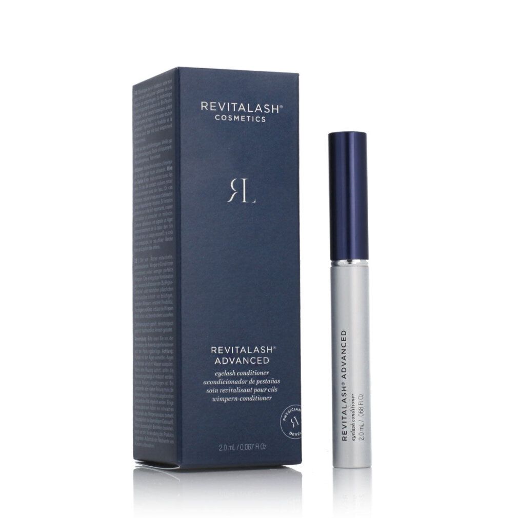 Dunkelblaue Verpackung und silberne Tube. Aufschrift: RevitaLash Advanced Eyelash Conditioner. Logo.