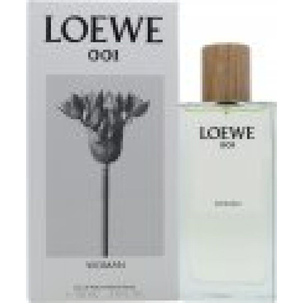Flakon und Verpackung. Auf der Verpackung: "LOEWE 001 WOMAN". Flakon mit Holzverschluss.