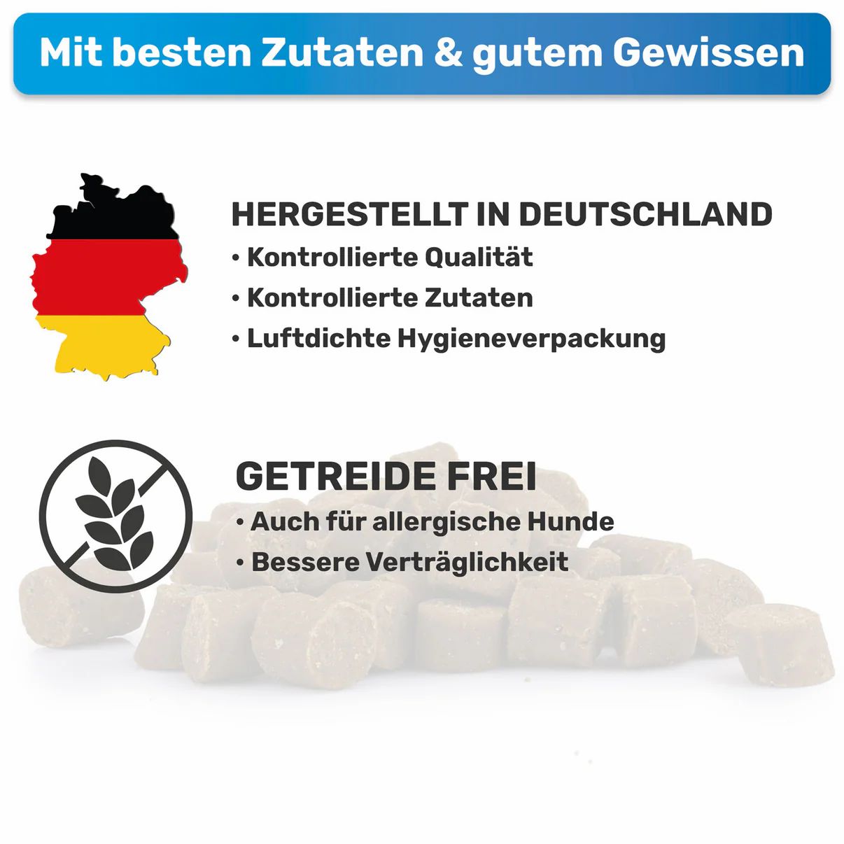 Infografik: Hergestellt in Deutschland, kontrollierte Qualität, Zutaten, hygienische Verpackung. Getreidefrei.