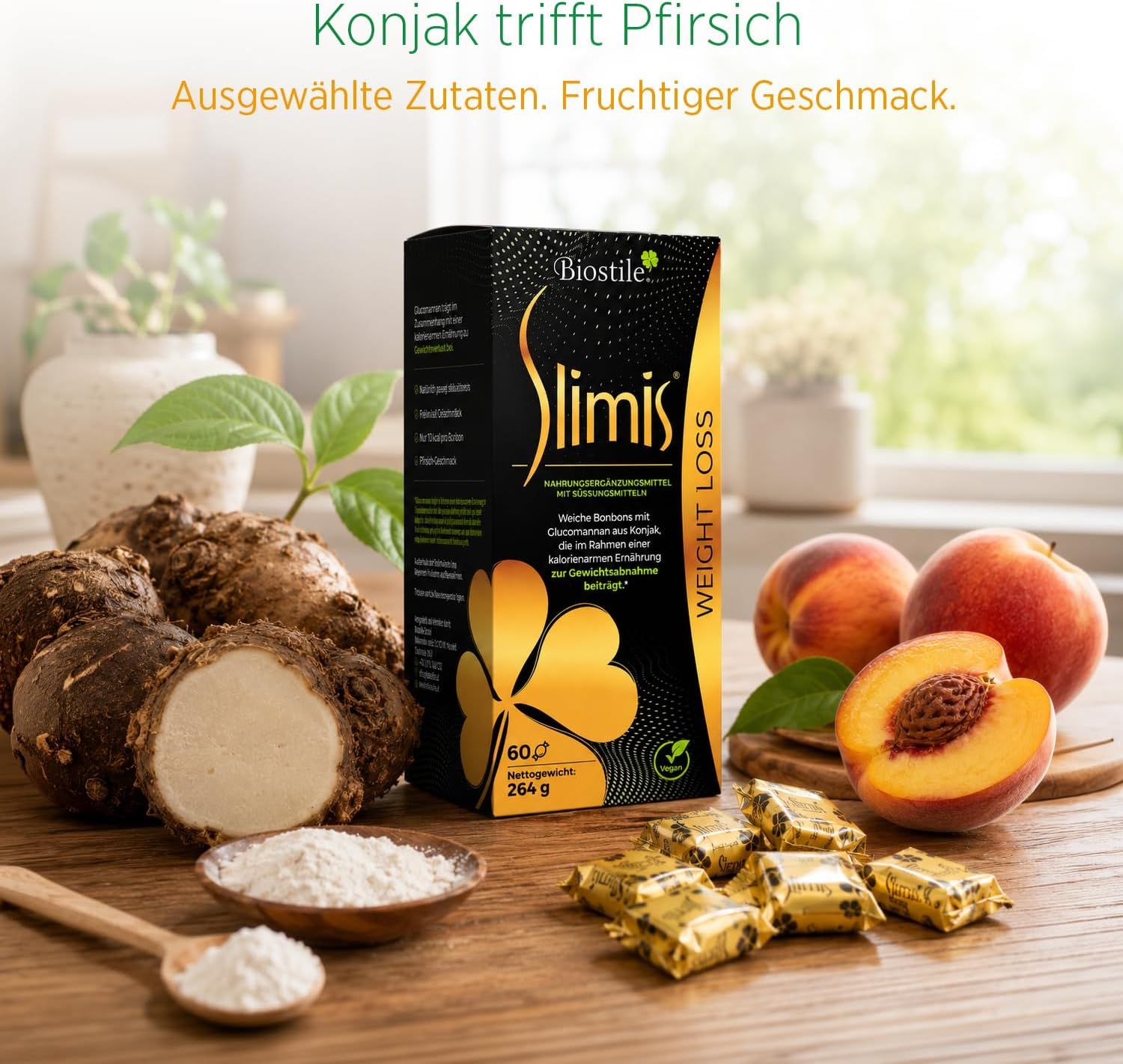 Biostile Slimis, Konjakwurzel, Pfirsiche, Bonbons.