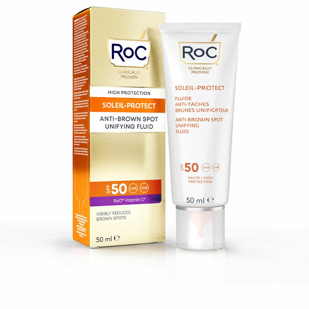 RoC Soleil-Protect Anti-Flecken Fluid und Verpackung. SPF 50. Reduziert Pigmentflecken. UVA/UVB-Schutz. 50 ml.