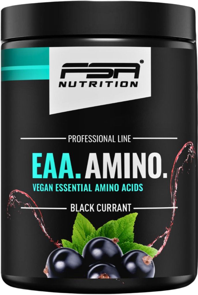 Schwarze Dose mit FSA Nutrition EAA Amino. Aufschrift: Vegan, Black Currant. Abbildung von Johannisbeeren.