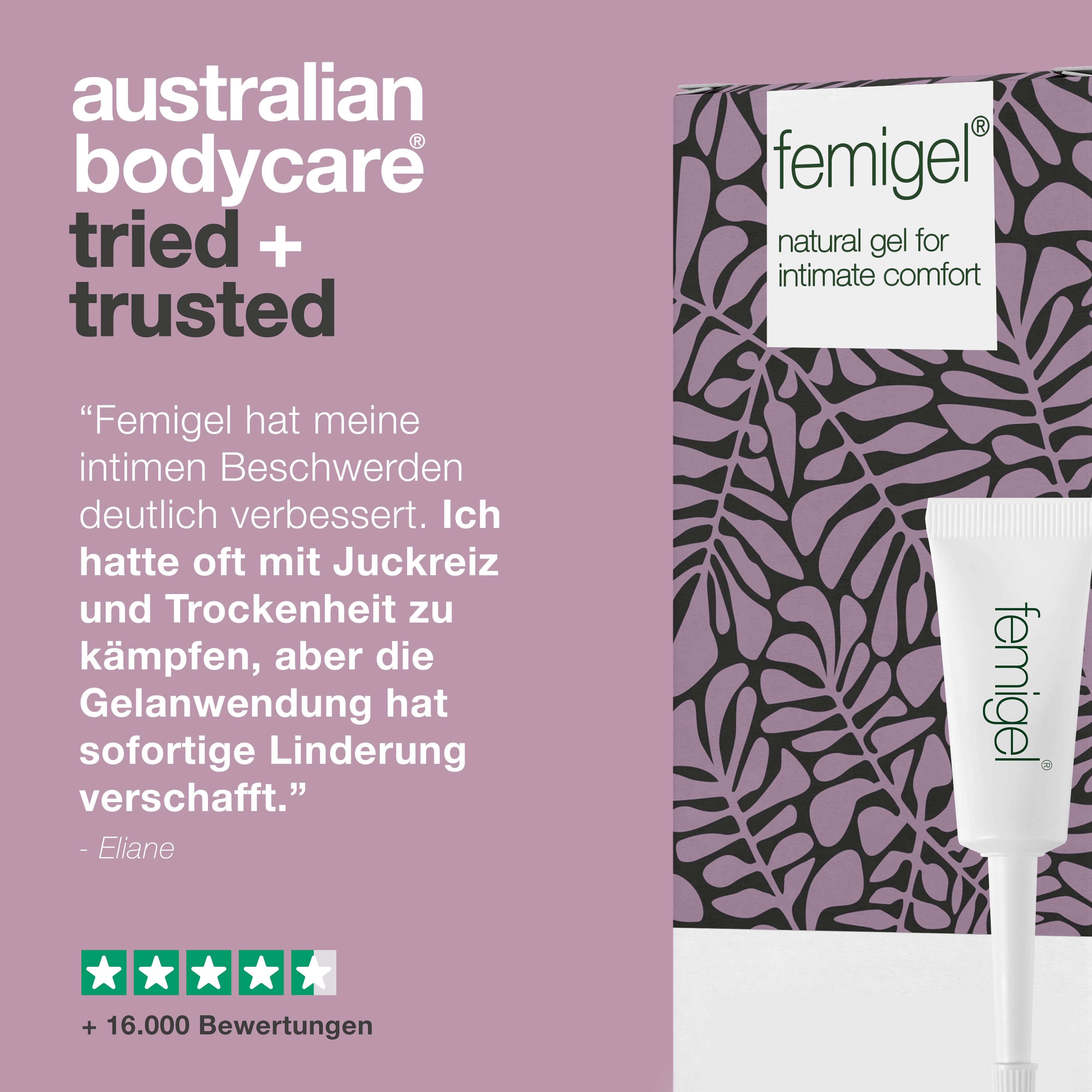 Femigel-Tube und Verpackung. Aufschrift: Femigel, Australian Bodycare. Zitat und Sterne-Bewertung.