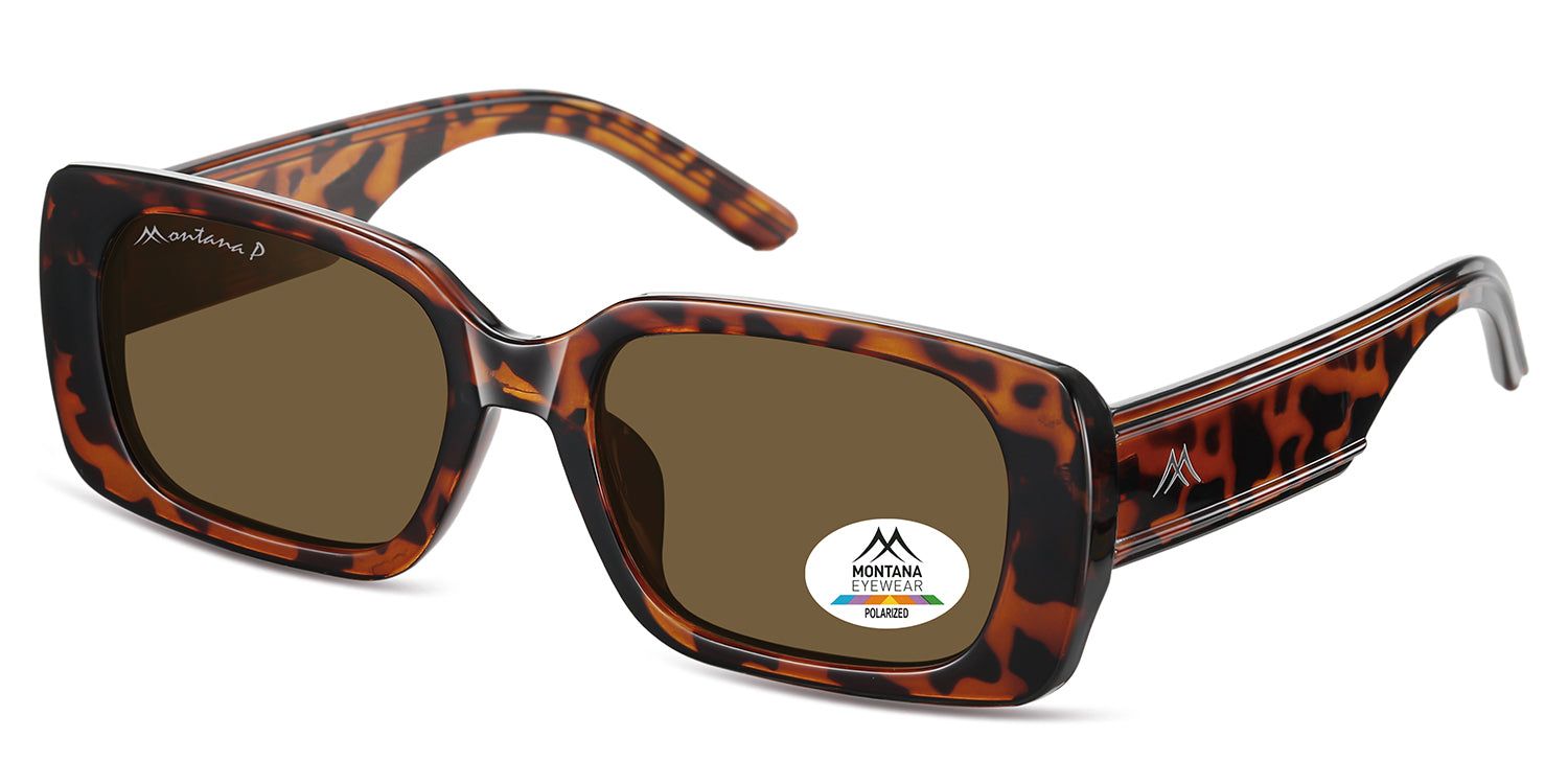 Sonnenbrille mit braunen Gläsern und braun gemustertem Rahmen. Montana Eyewear Logo auf dem Glas und dem Bügel.