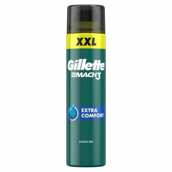 Grüne Rasiergel-Dose mit schwarzem Deckel. Aufschrift: Gillette Mach3 Extra Comfort. Gel-Tropfen-Symbol.