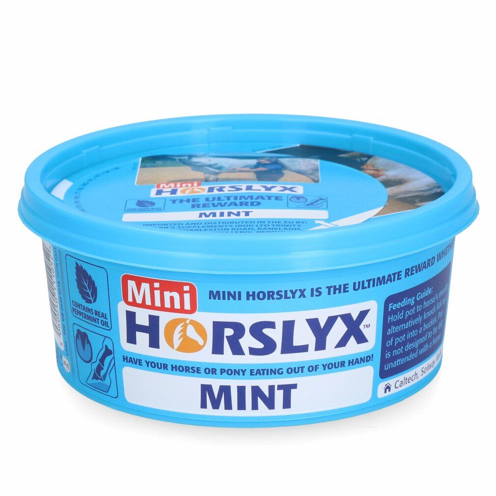 Blaue Dose mit Deckel. Aufschrift: Mini HORSLYX Mint. Enthält Pfefferminzöl. Text: Mini HORSLYX ist die ultimative Belohnung.