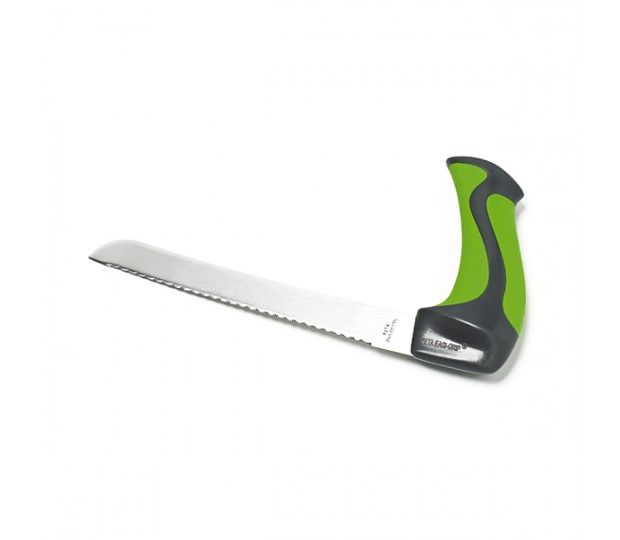 Ergonomisches Brotmesser mit gezahnter Klinge und grün-schwarzem Griff. Der Griff ist geschwungen.
