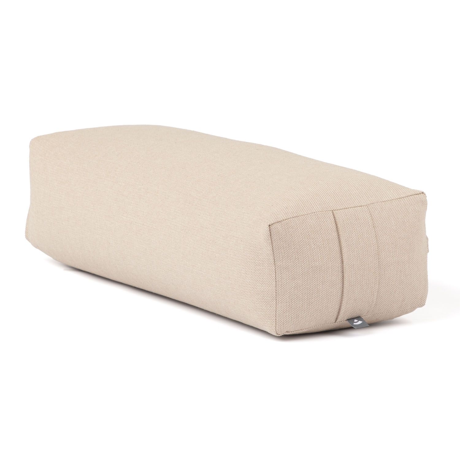 Beige Yoga-Bolster. Dobby-Gewebe. Eckige Form. Logo-Etikett.