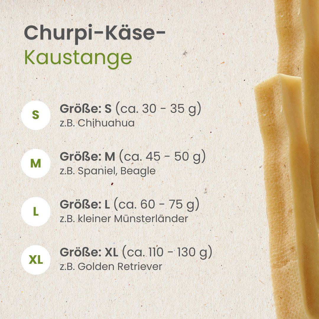 Churpi-Käse-Kaustange. Größen S, M, L, XL mit Gewichtsangaben und Beispielrassen.